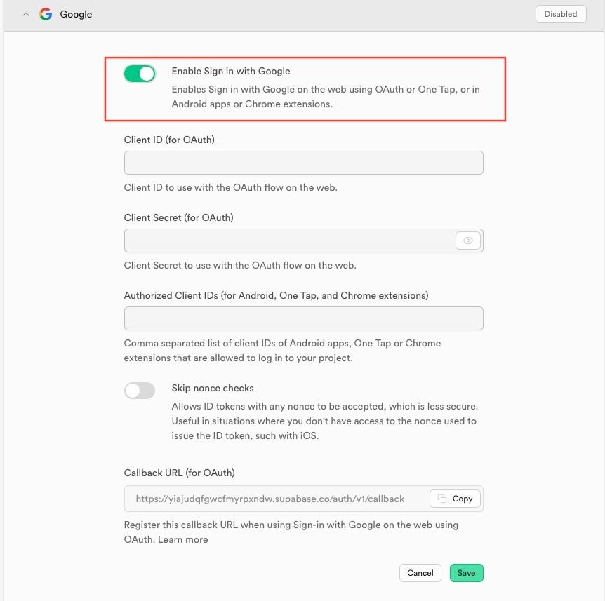 Enable Google provider